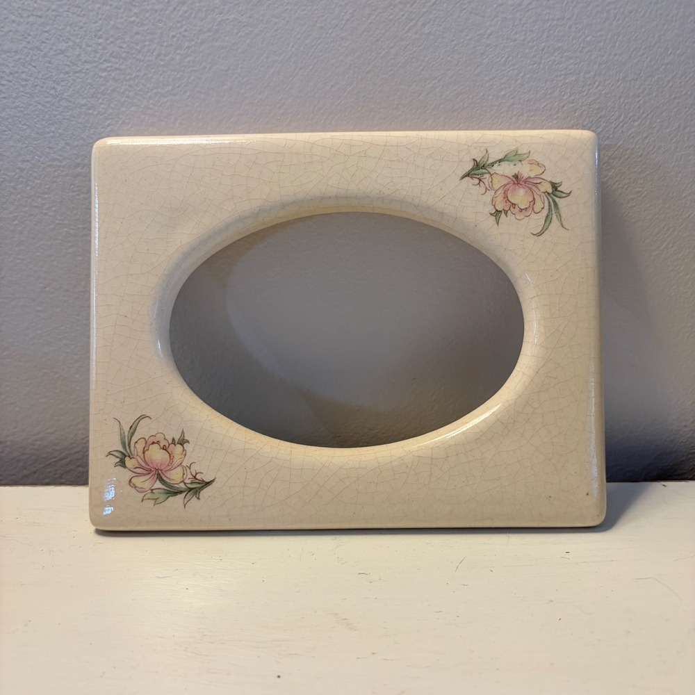 Vintage Ceramic Crackle Glaze Floral Picture Frame Cream Pink Yellow Oval Center